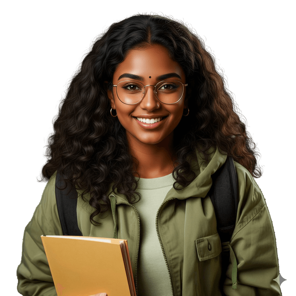 Indian female college student holding a book, representing college guidance and mentorship